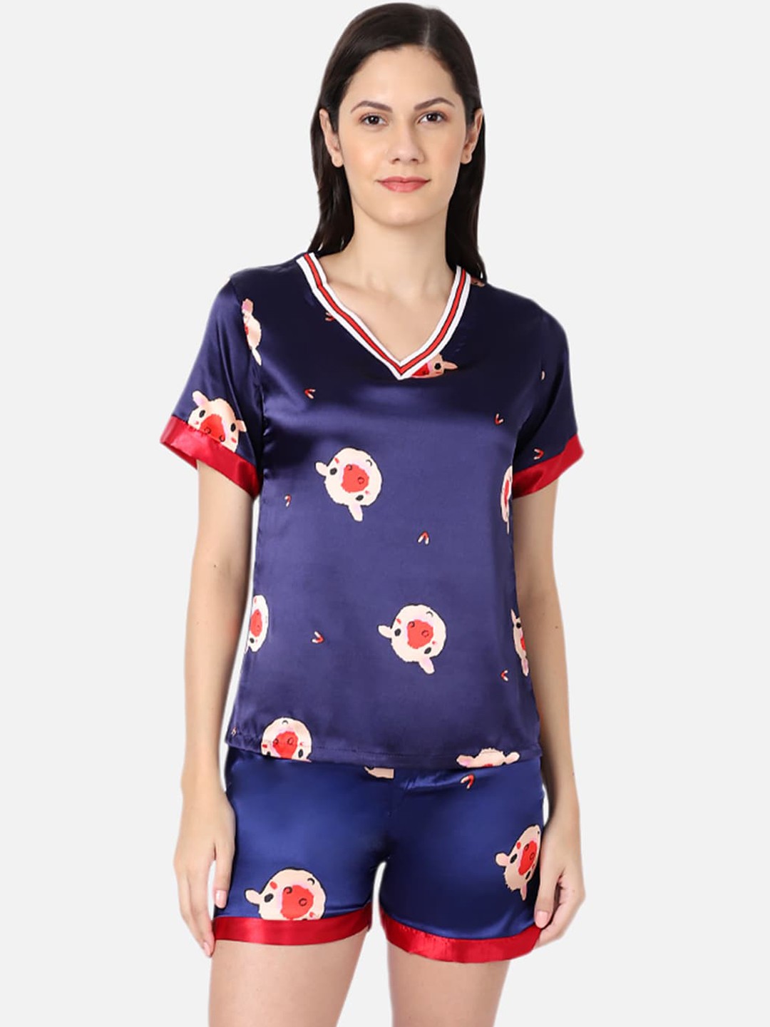 

GRACIT Women Navy Blue & Red Printed Night suit