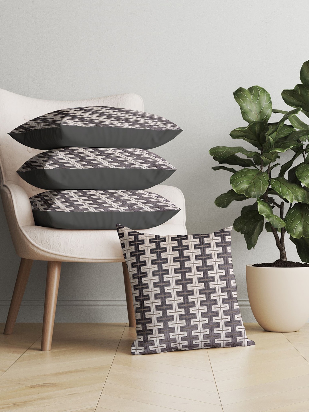 

Just Home Brown & White Set of 4 Geometric Velvet Square Cushion Covers