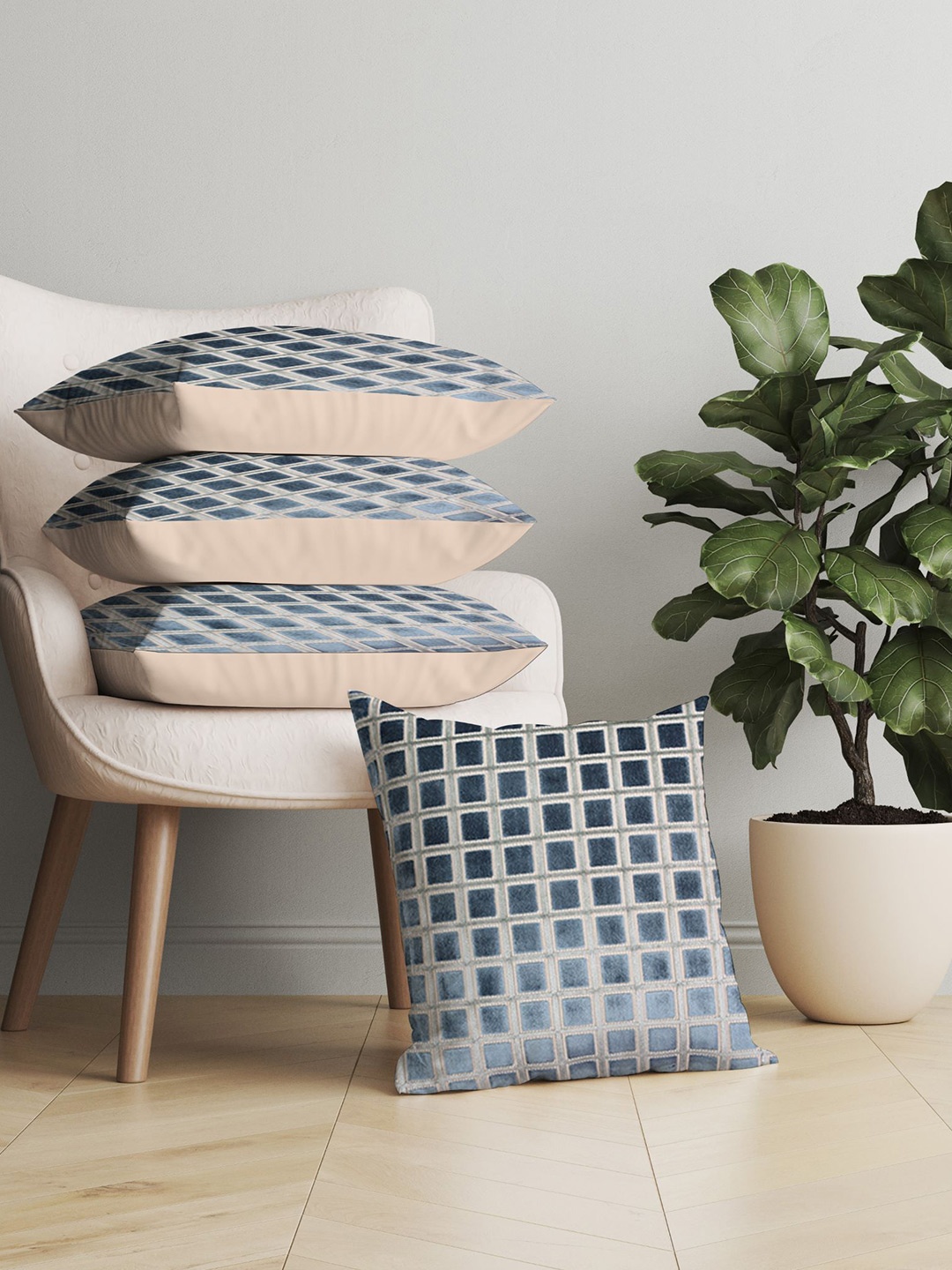 

Just Home Navy Blue & Grey Set of 4 Geometric Velvet Square Cushion Covers