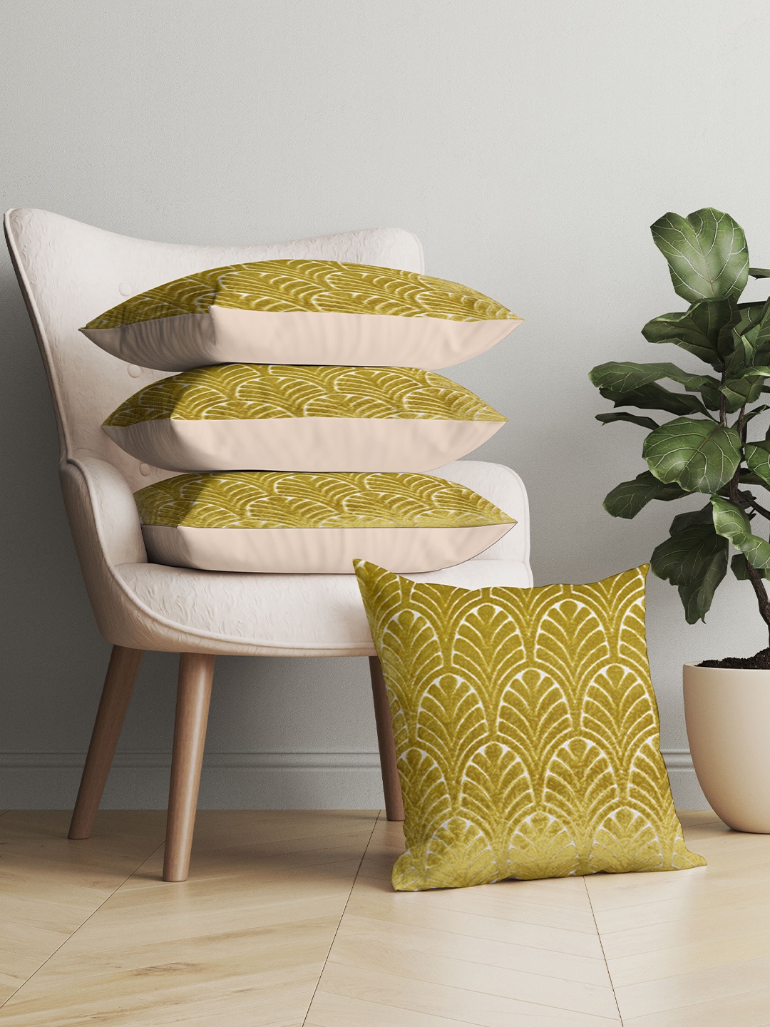 

Just Home Olive Green & White Set of 4 Floral Velvet Square Cushion Covers