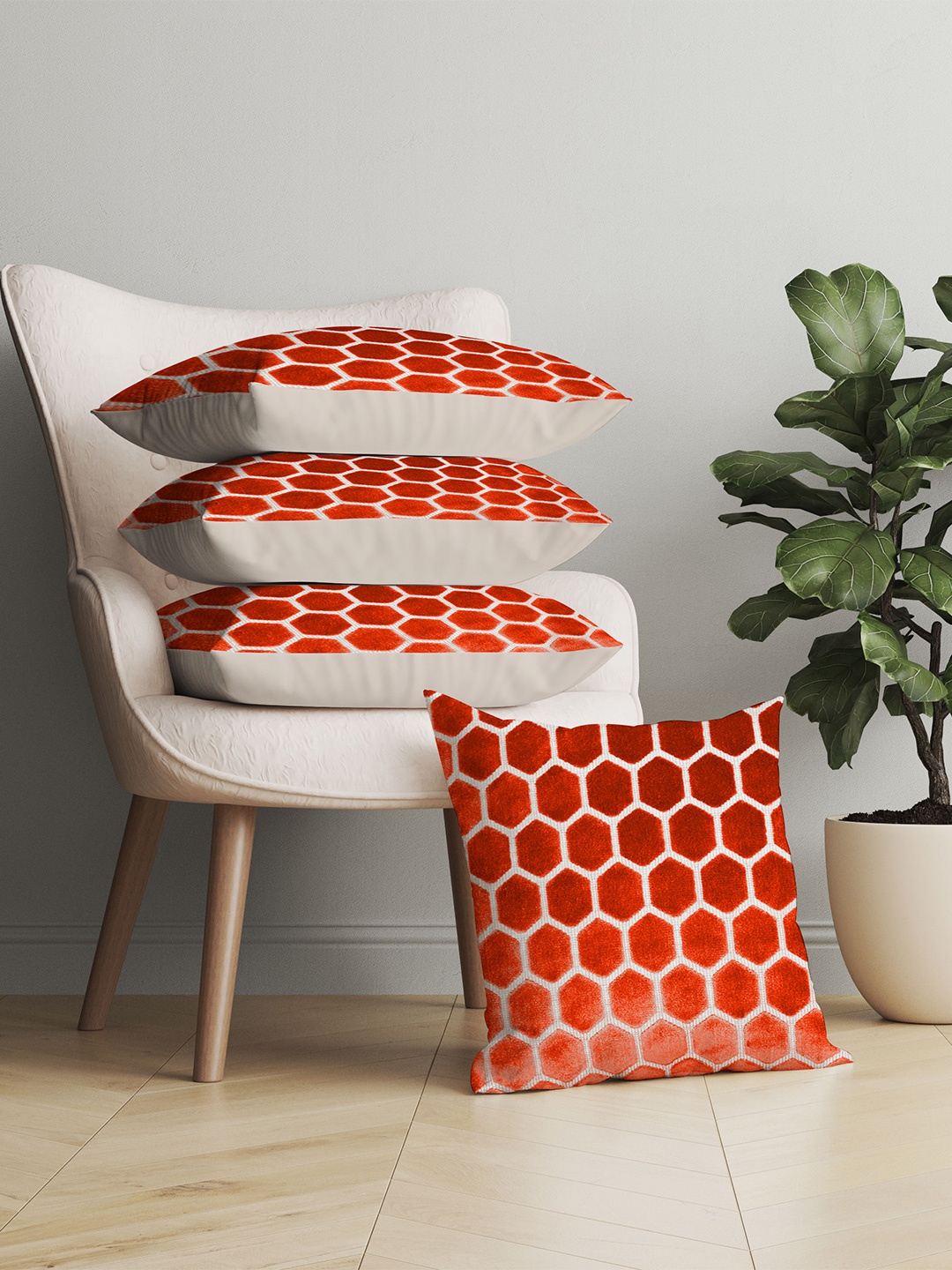 

Just Home Set of 4 Geometric Velvet Square Cushion Covers, Orange