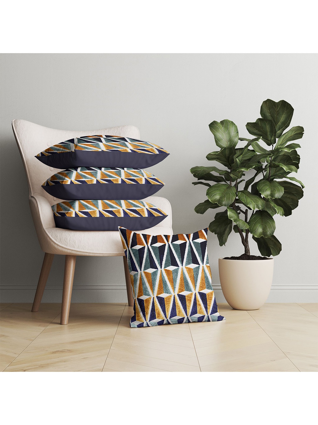 

Just Home Navy Blue & Yellow Set of 4 Geometric Velvet Square Cushion Covers