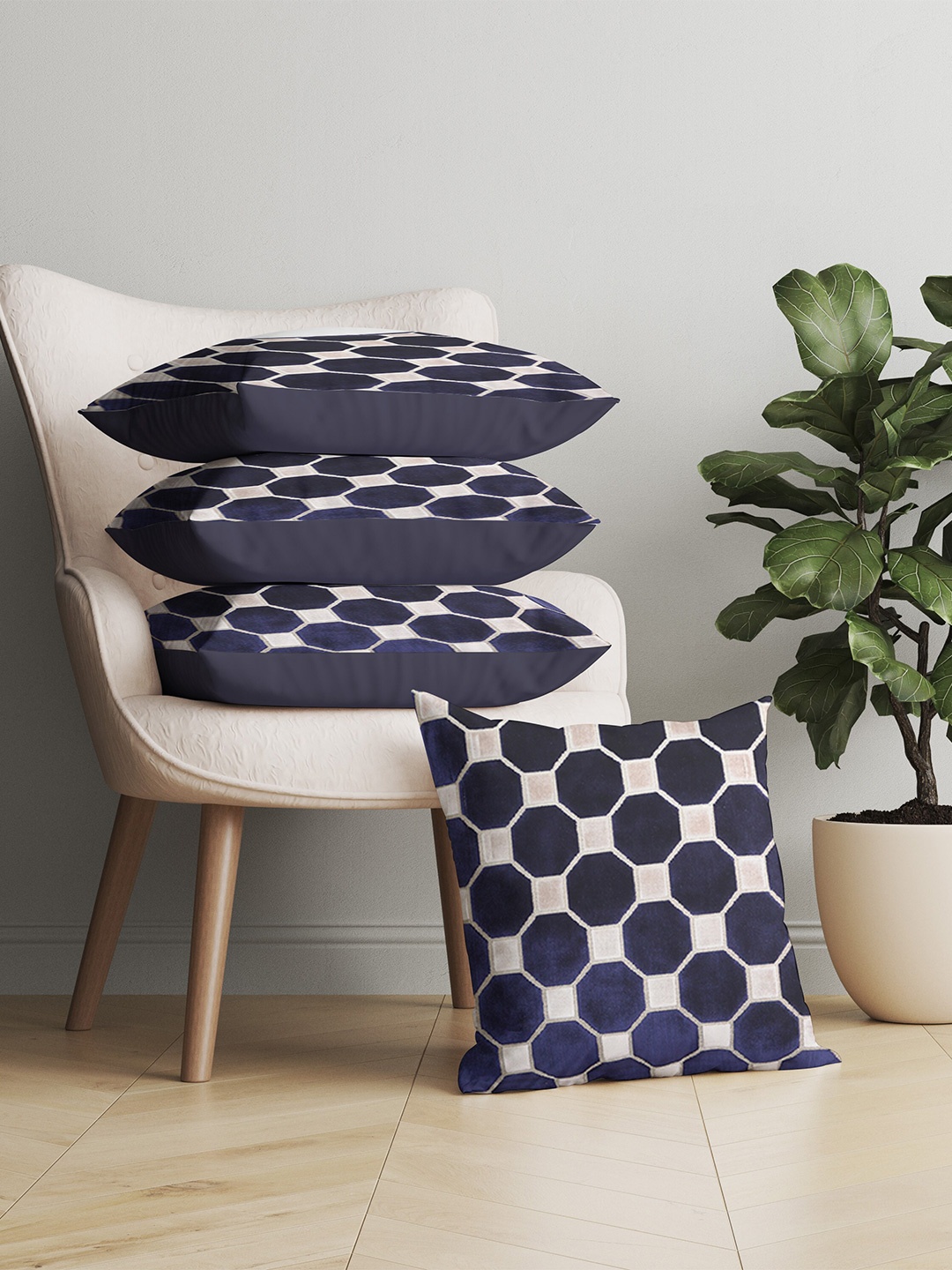 

Just Home Navy Blue & White Set of 4 Geometric Velvet Square Cushion Covers