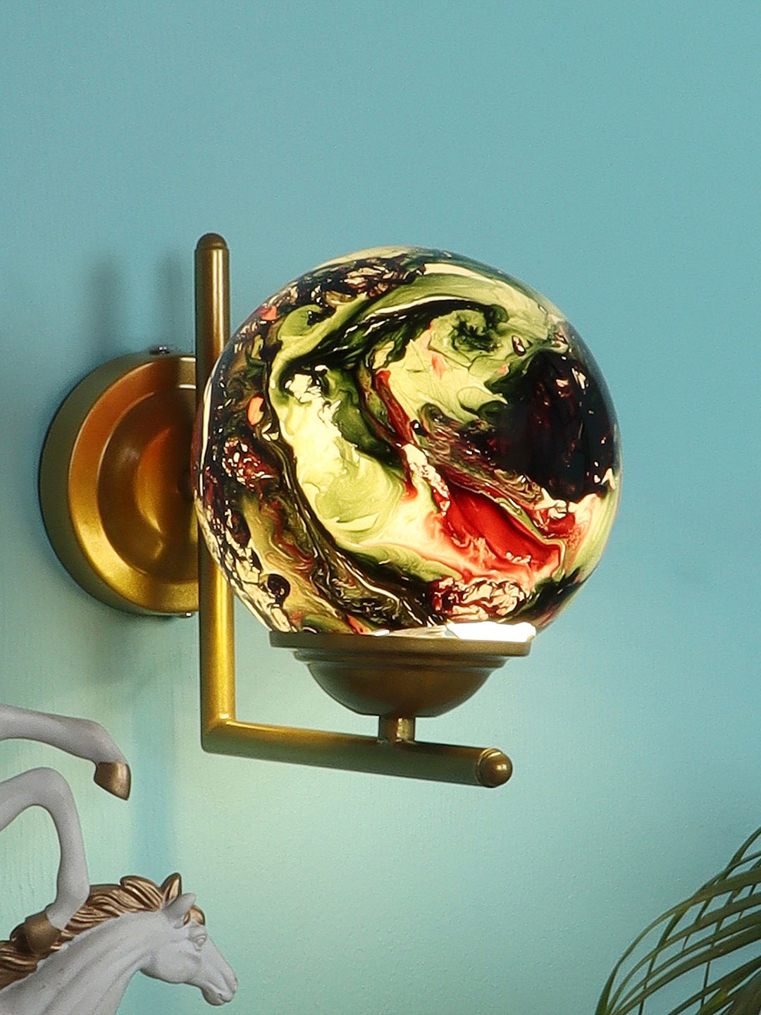 

MFD HOME FURNISHING Gold & Green Printed Spherical Wall Lamp