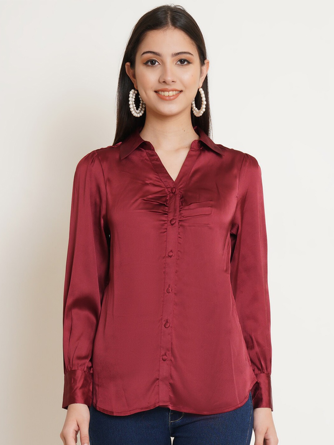 

IX IMPRESSION Women Maroon Satin Shirt Style Top