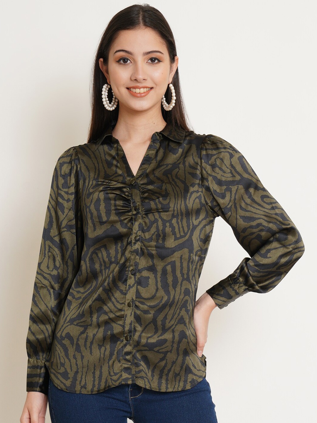 

IX IMPRESSION Women Black & Olive Green Animal Print Long Sleeves Satin Shirt Style Top