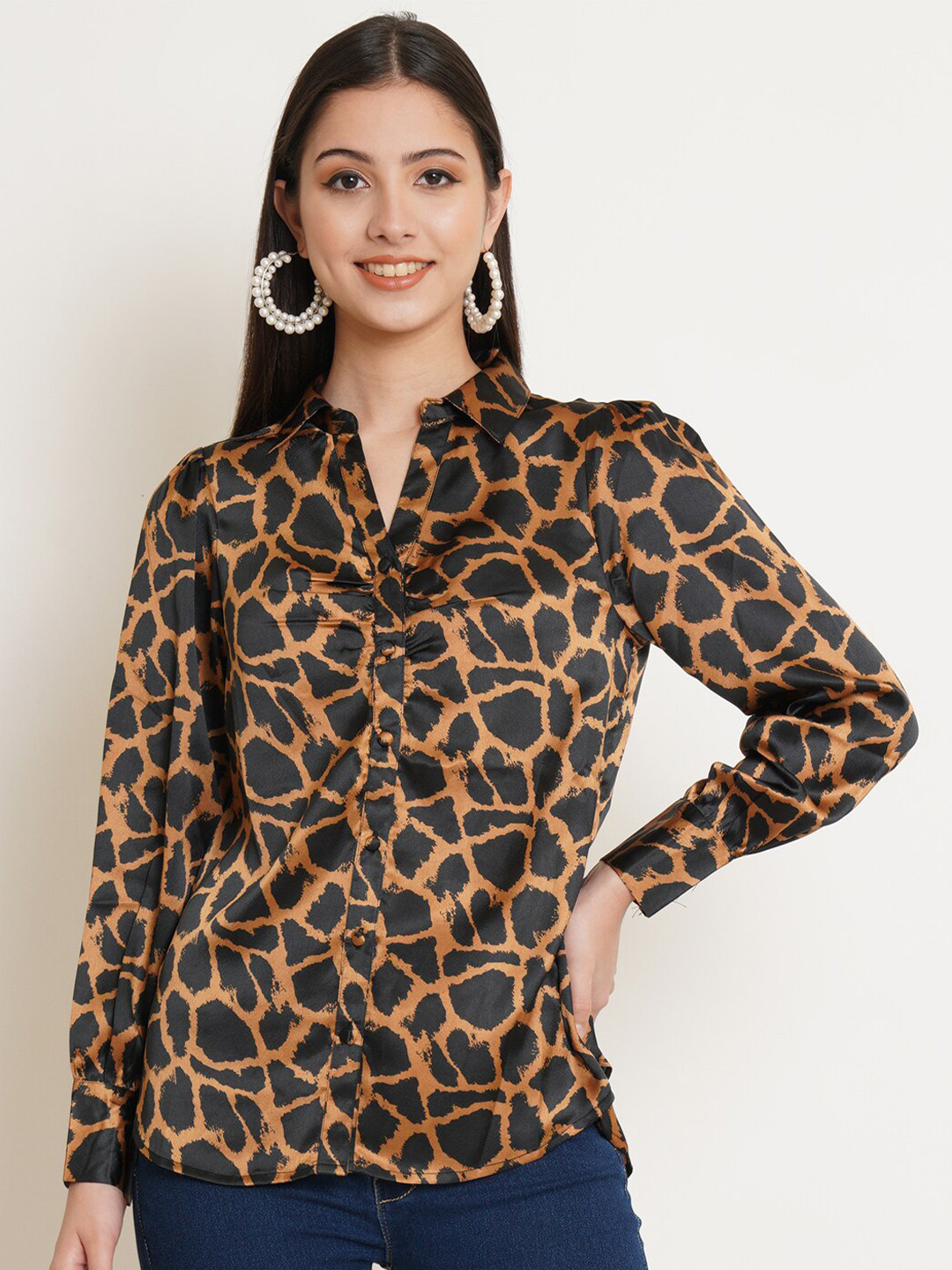 

IX IMPRESSION Women Black & Brown Animal Print Mandarin Collar Satin Shirt Style Top