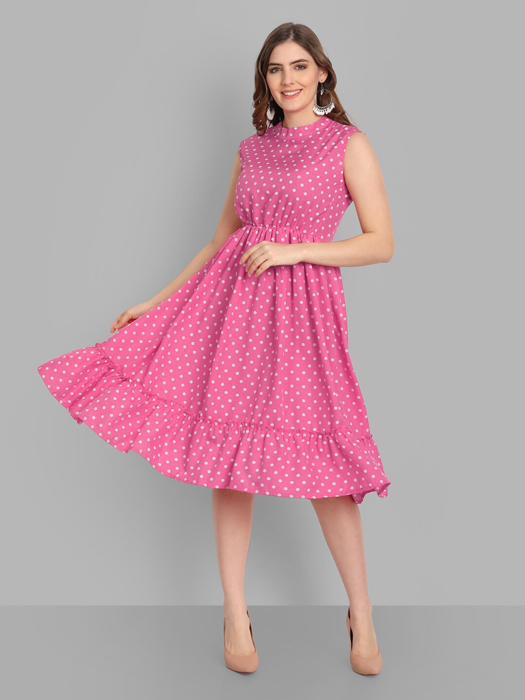 

SINGNI Women Pink & White Polka Dots Printed Crepe Dress