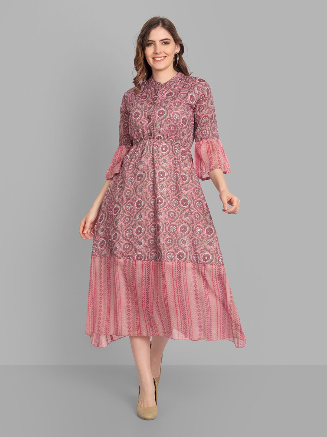 

SINGNI Women Beige & Pink Ethnic Motifs Crepe A-Line Midi Dress