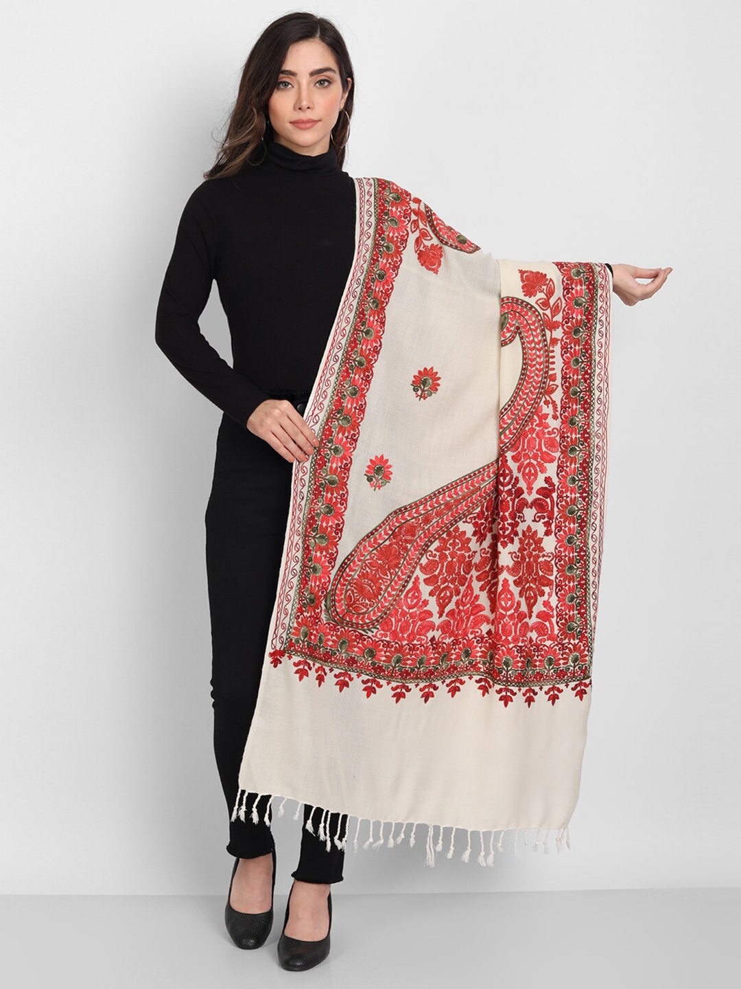 

Zamour Women White & Red Paisley Embroidered Stole