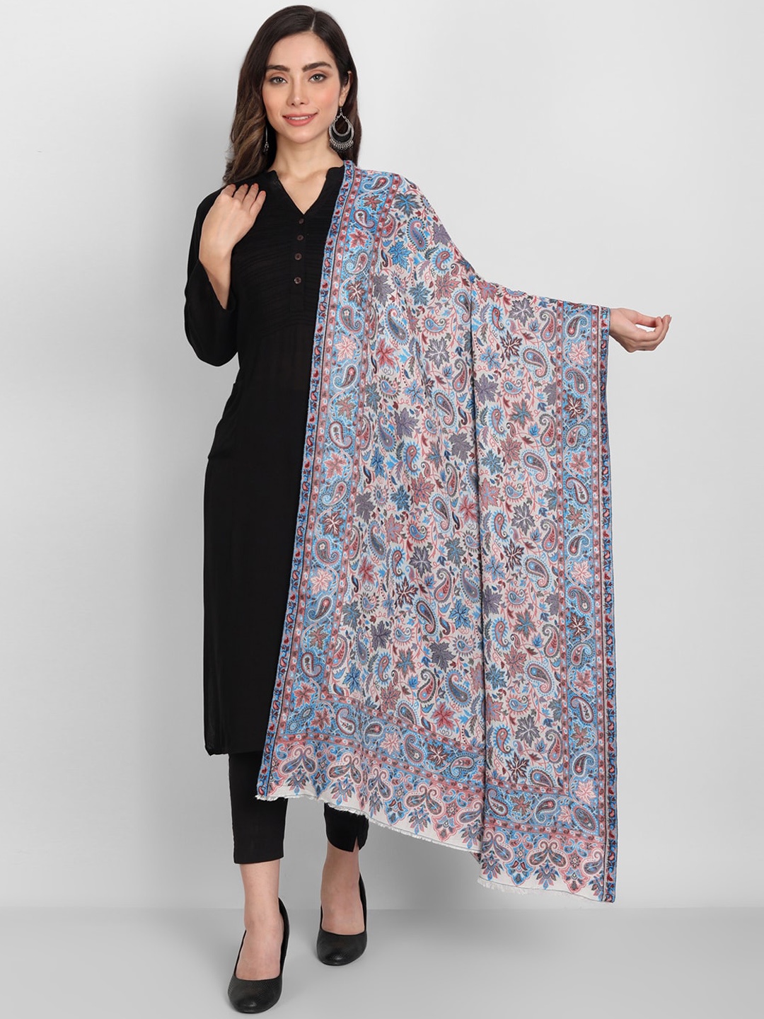 

Zamour Women White & Blue Woven Paisley Design Woolen Shawl