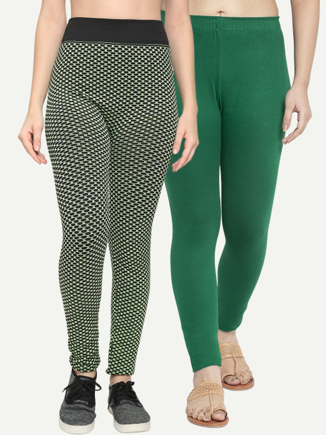 

GRACIT Women Pack of 2 Lime Green Printed and Green Solid Ankle-length Legging