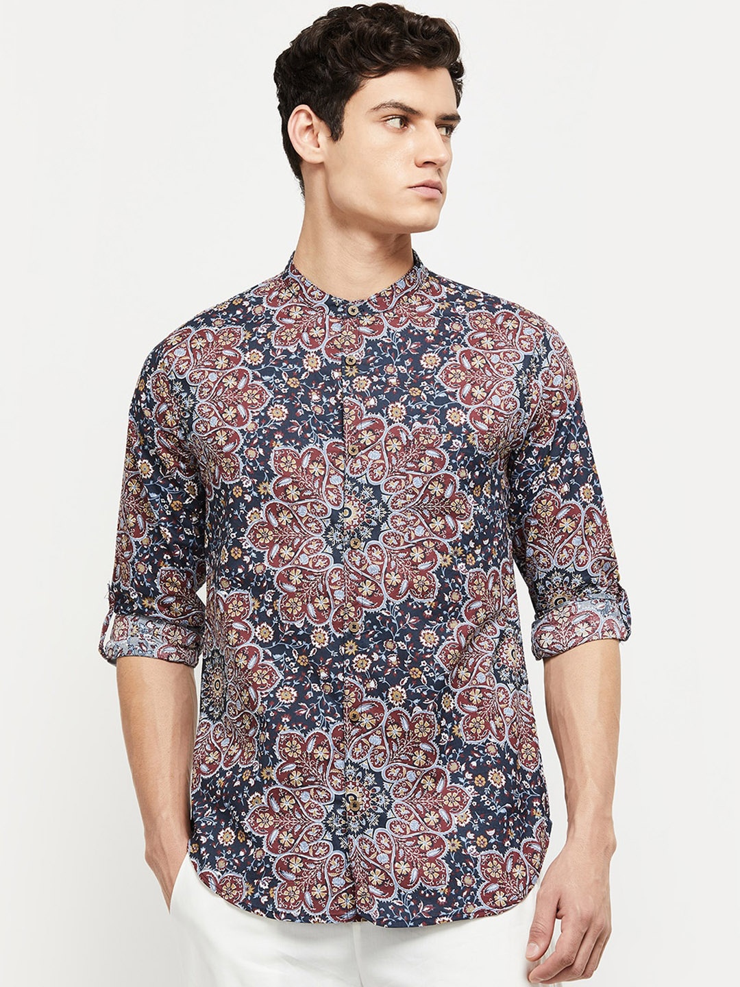

max Men Blue & Maroon Cotton Floral Printed Floral Kurta