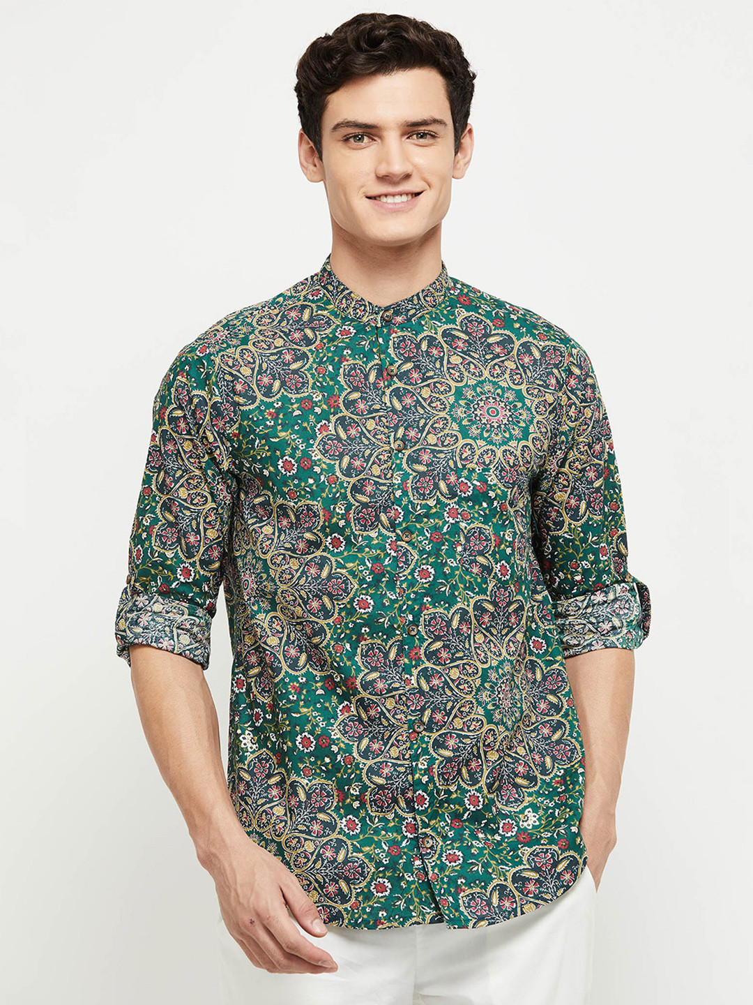 

max Men Green Floral Printed Short Cotton Kurta