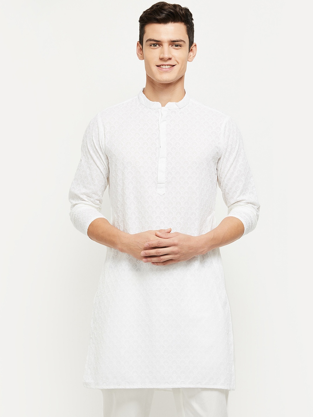 

max Men White Floral Embroidered Thread Work Kurta