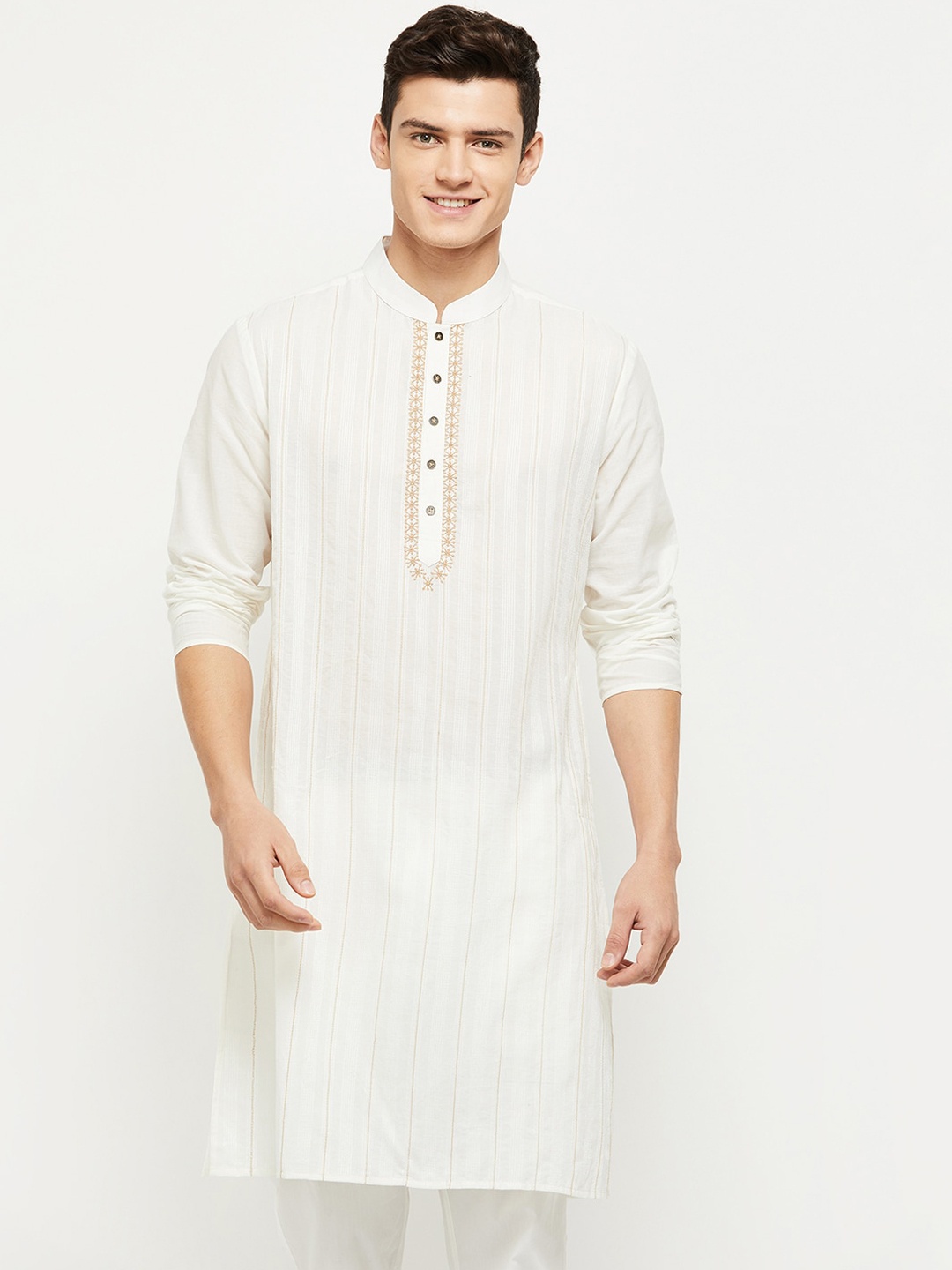 

max Men Off White Striped White Romance Pure Cotton Kurta