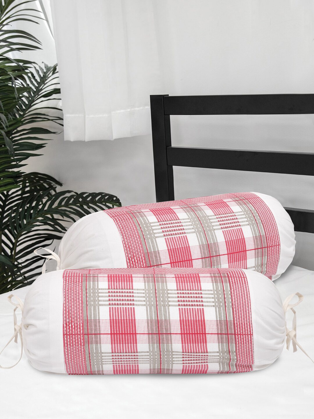 

Clasiko Set Of 2 Pink & White Cotton Checked 220 TC Cotton Bolster Covers