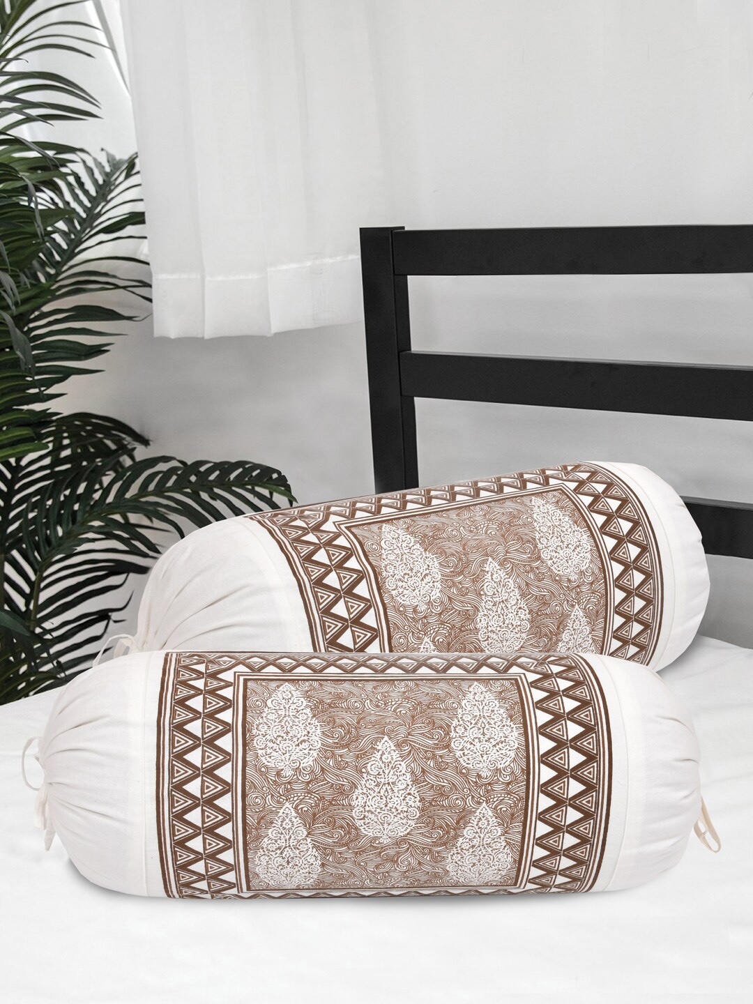 

Clasiko Set Of 2 Brown & White Printed Cotton Bolster Covers