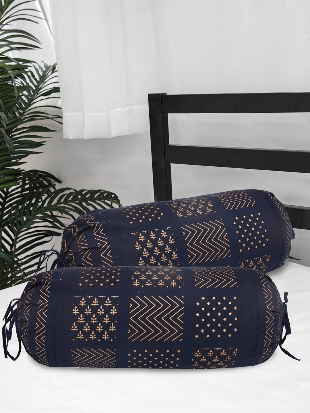 

Clasiko Pack Of 2 Blue & Golden Printed Cotton Bolster Covers