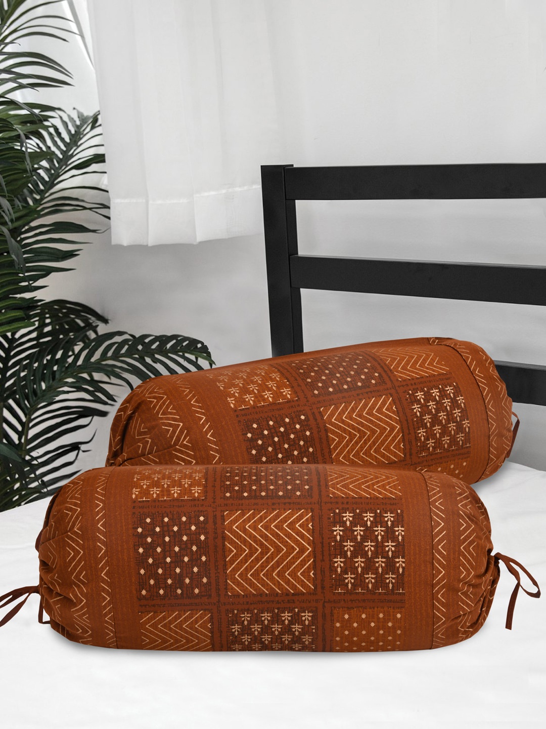 

Clasiko Set Of 2 Gold-Colored & Brown Checked Pure Cotton Bolster Covers