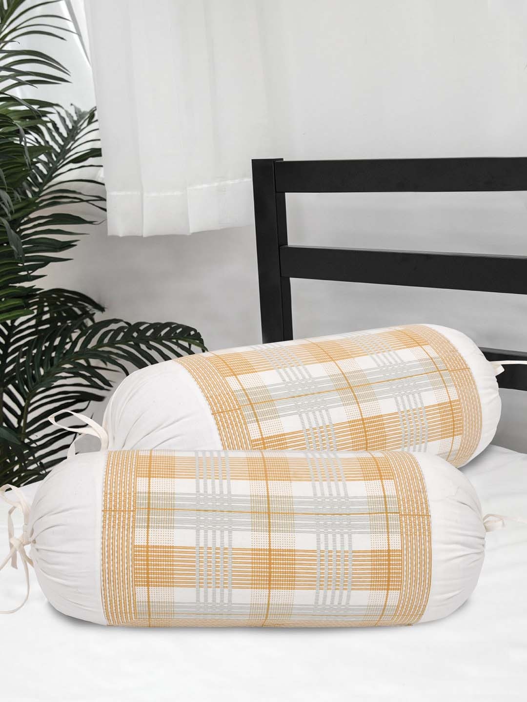 

Clasiko Set Of 2 Yellow & White Checked Printed Cotton Bolster Covers