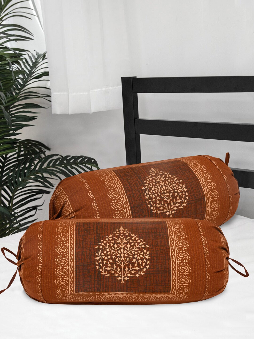 

Clasiko Set Of 2 Brown & Gold-Coloured Printed Cotton Bolster Covers