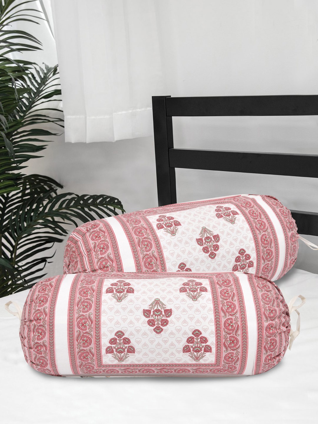 

Clasiko Set Of 2 Pink & White Floral Printed 220 TC Cotton Bolster Covers