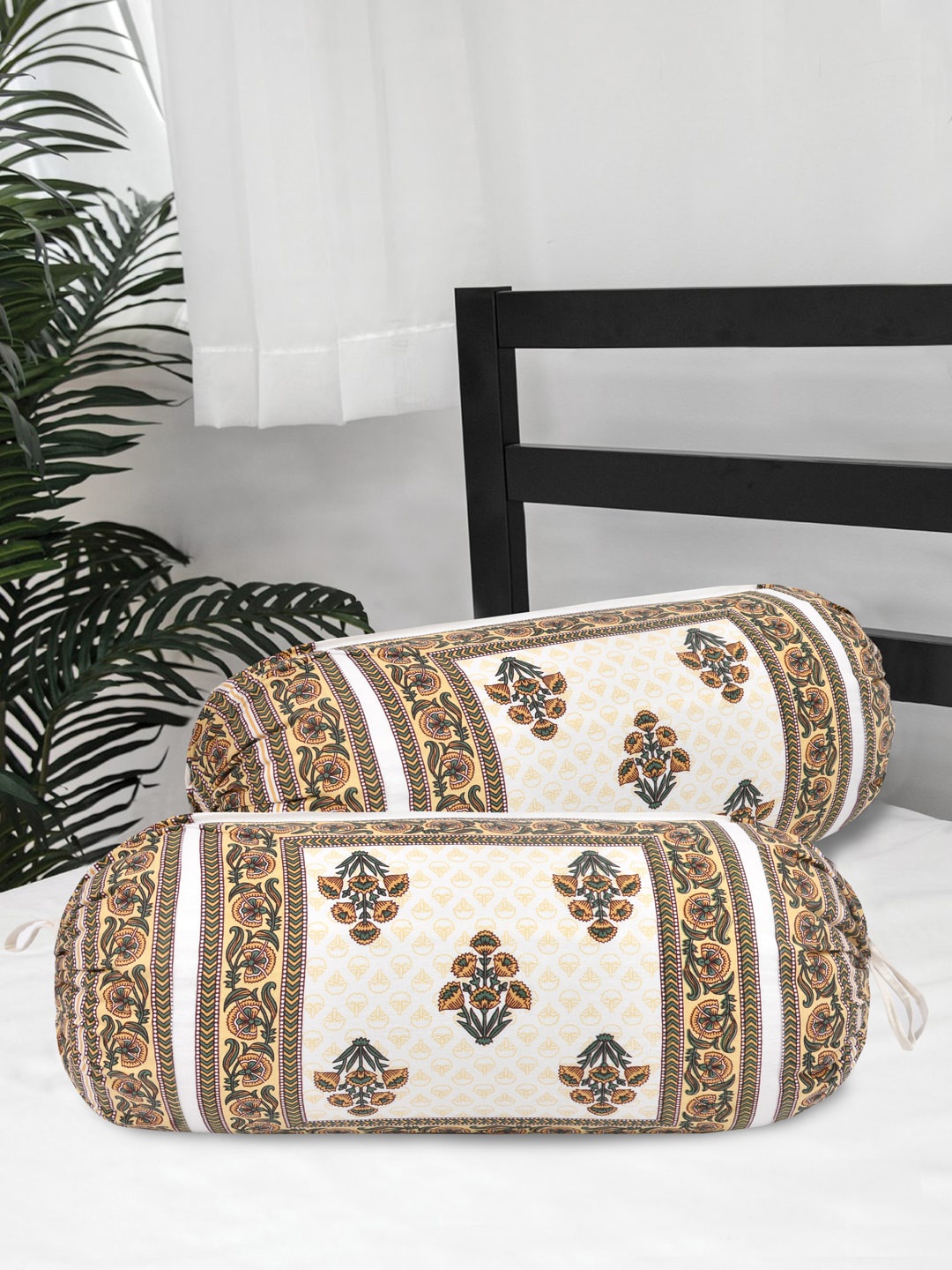 

Clasiko Set of 2 Yellow & Green Printed Cotton Bolster Covers