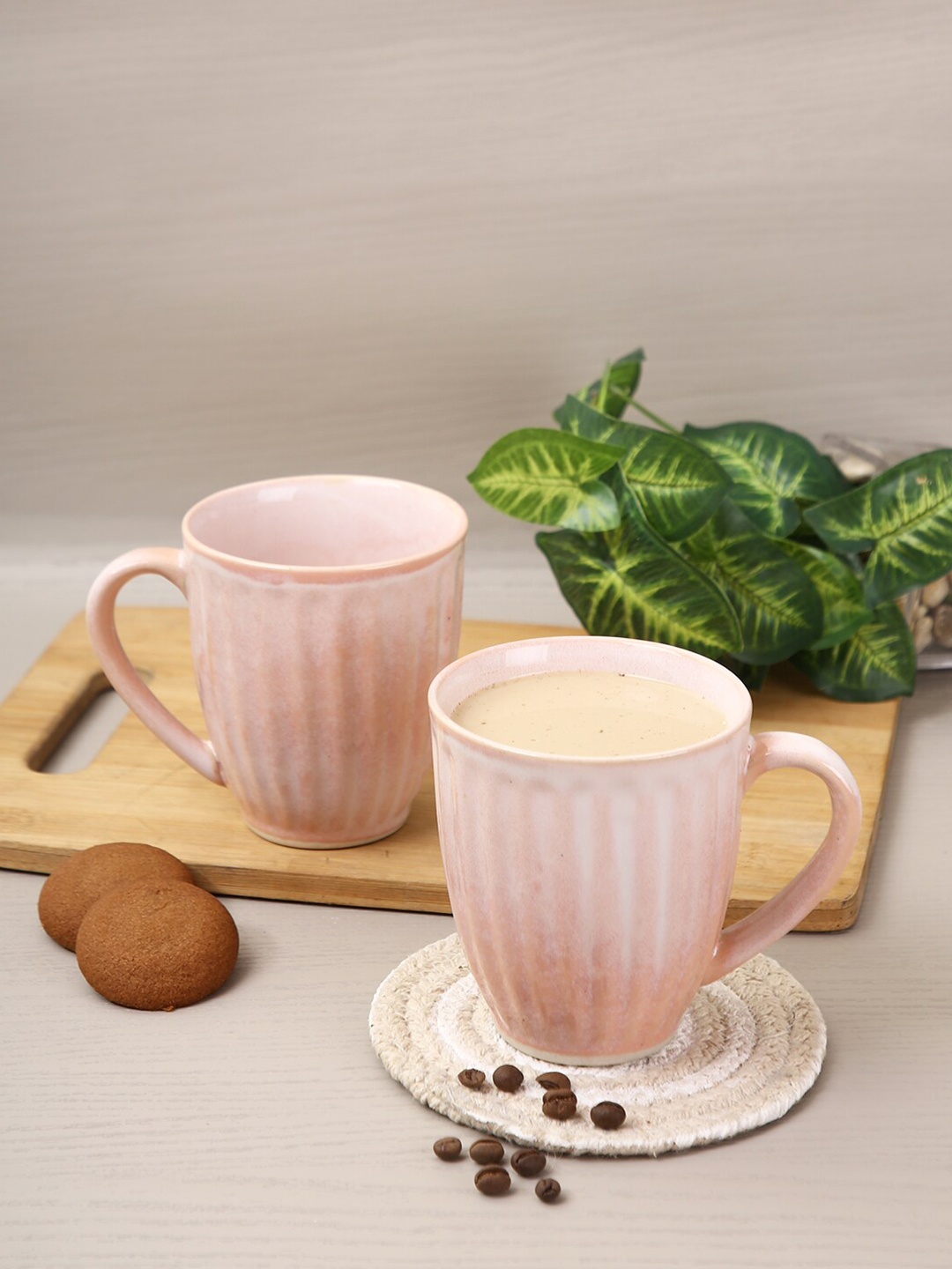 

Aapno Rajasthan Pink Set Of 2 Textured Ceramic Matte Mugs 300 ml Each