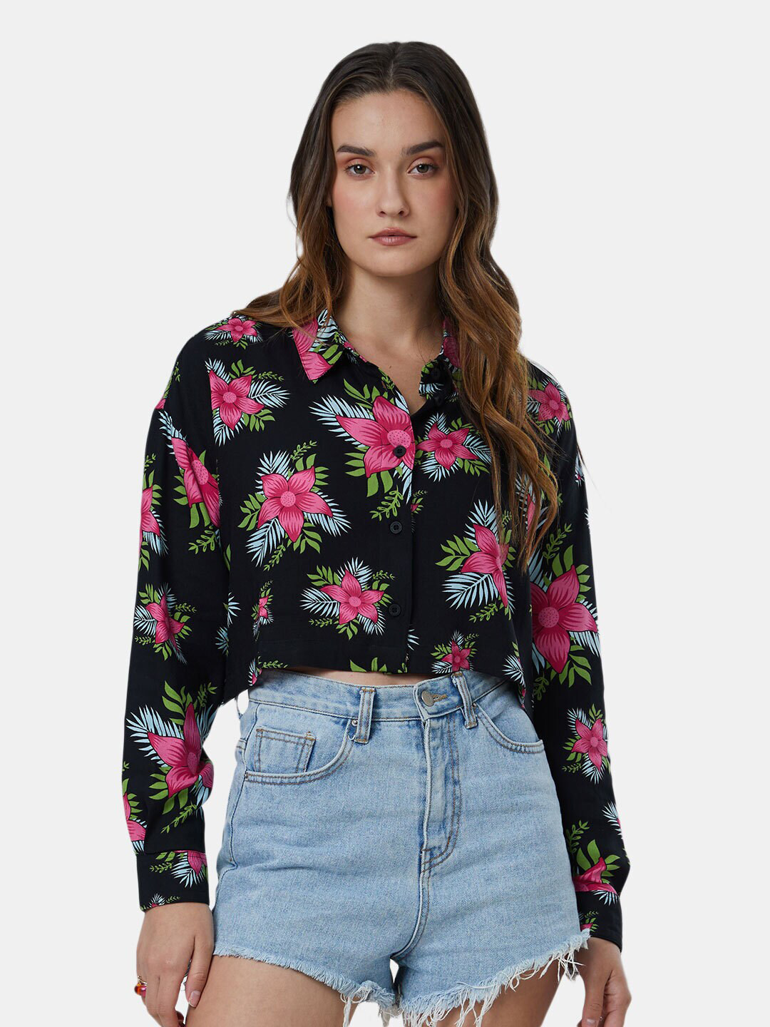 

The Souled Store Women Black Floral Printed Crop Casual Shirt