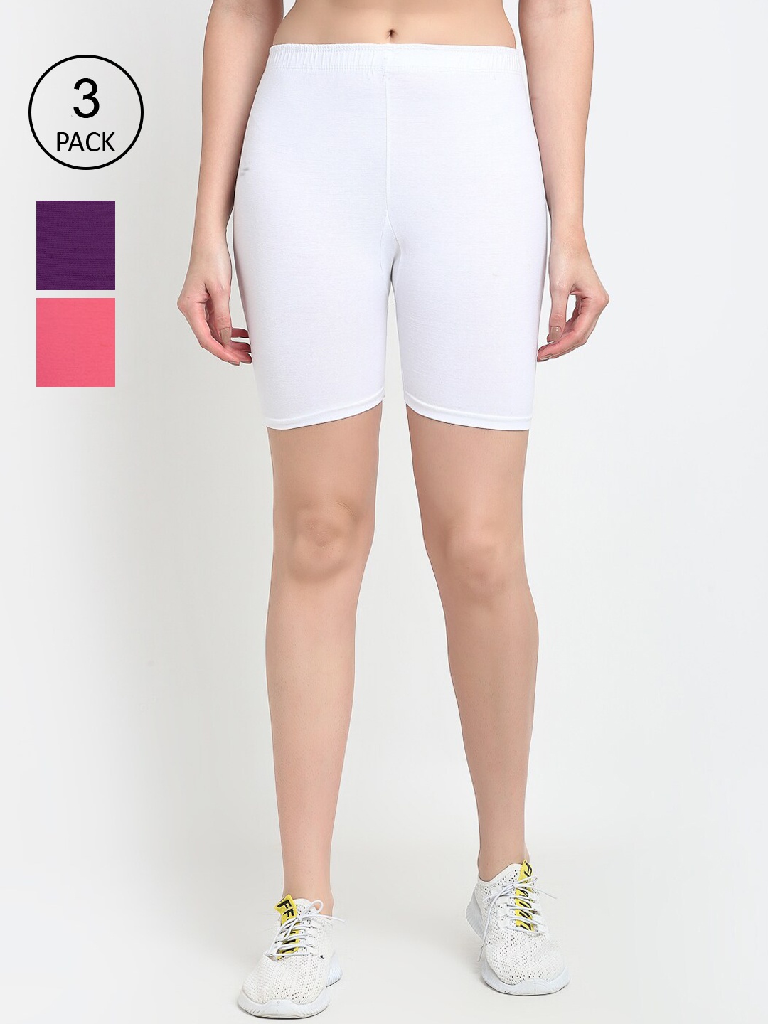 GRACIT Women White & Pink Pack Of 3 Cycling Sports Shorts