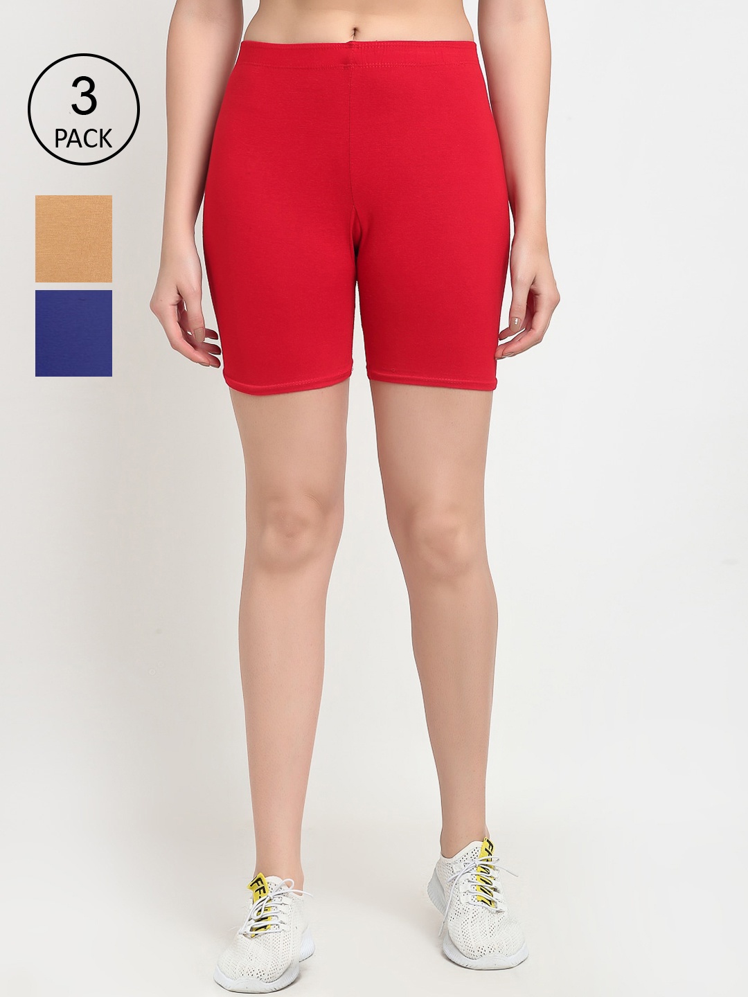 GRACIT Women Pack Of 3 Cotton Cycling Sports Shorts, Red