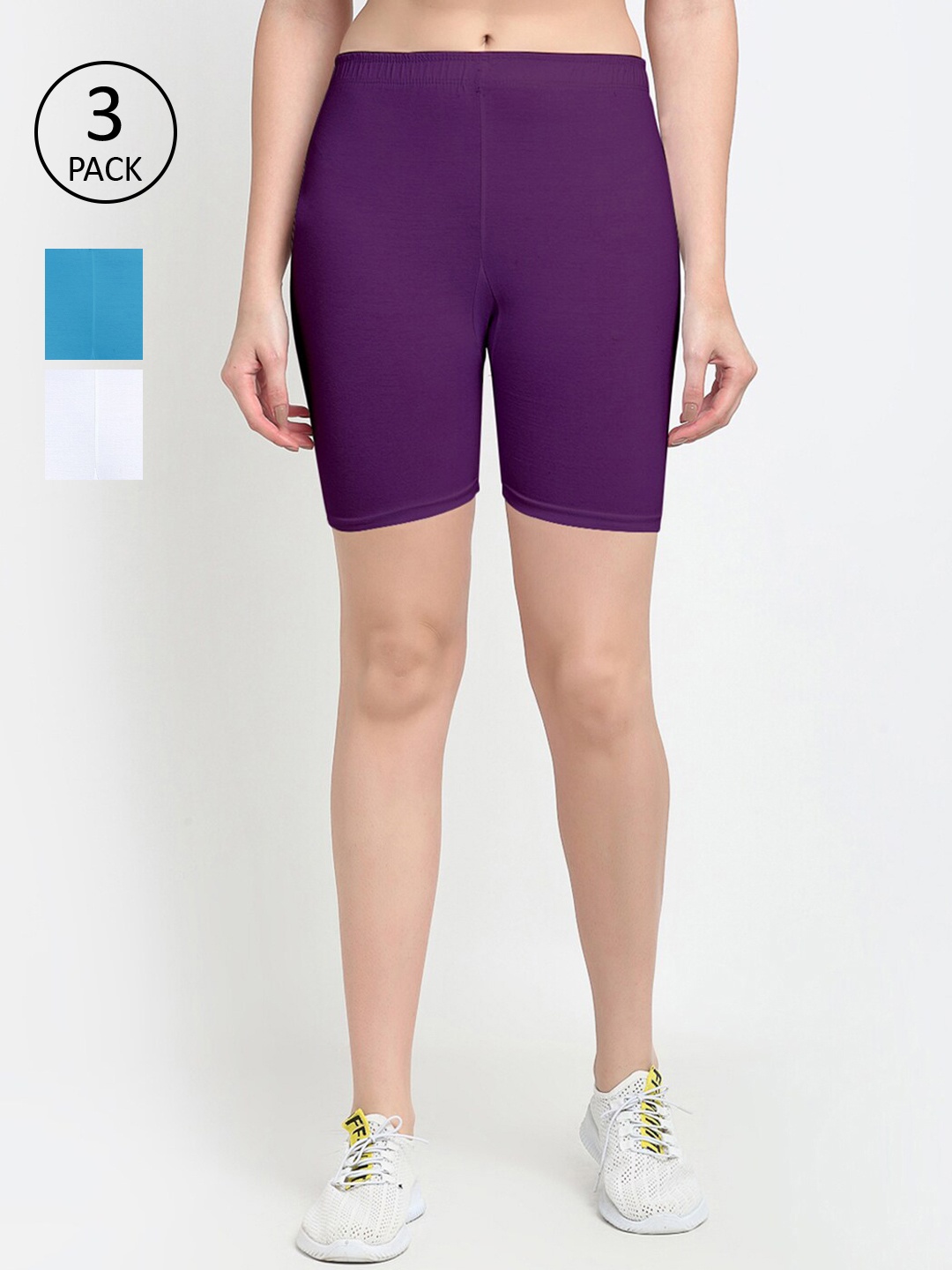 GRACIT Women Pack Of 3 White & Purple Solid Cycling Shorts