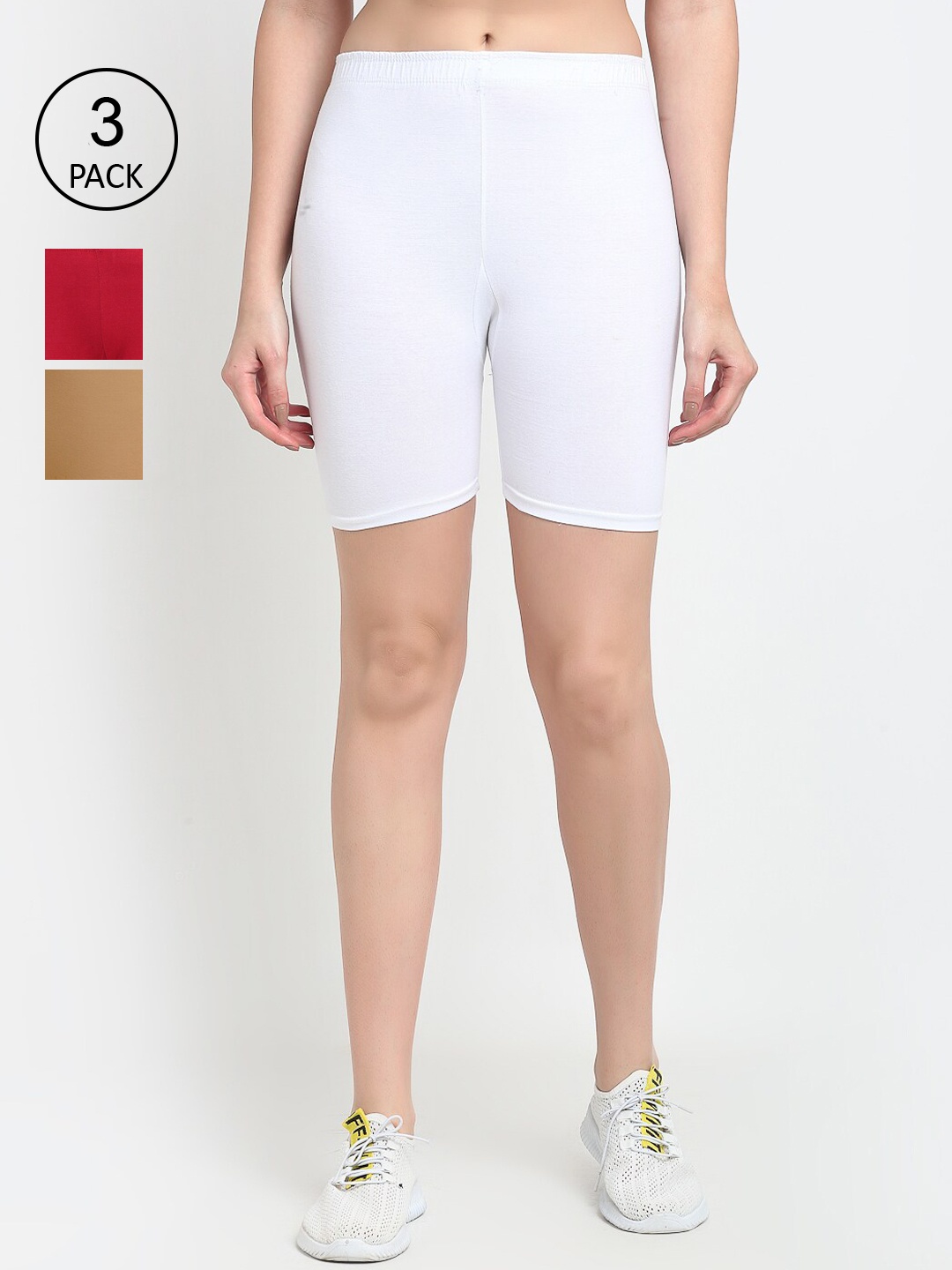 GRACIT Set of 3 Women White Red & Brown Cycling Sports Shorts