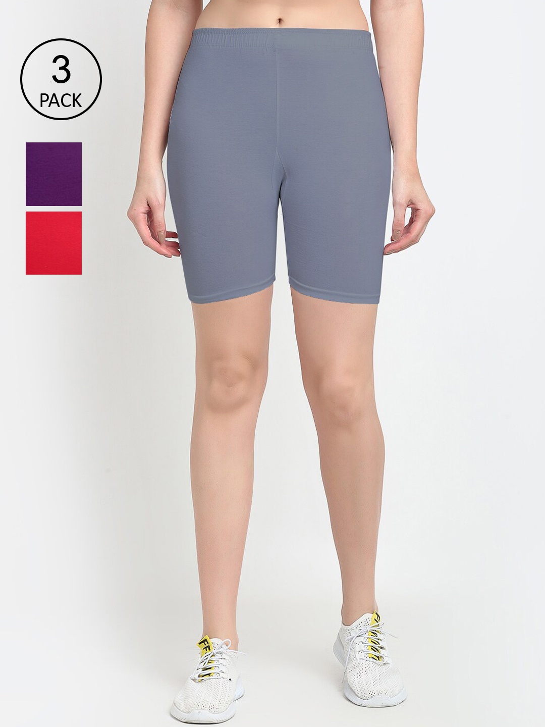 

GRACIT Women Red Cotton Pack of 3 Cycling Sports Shorts