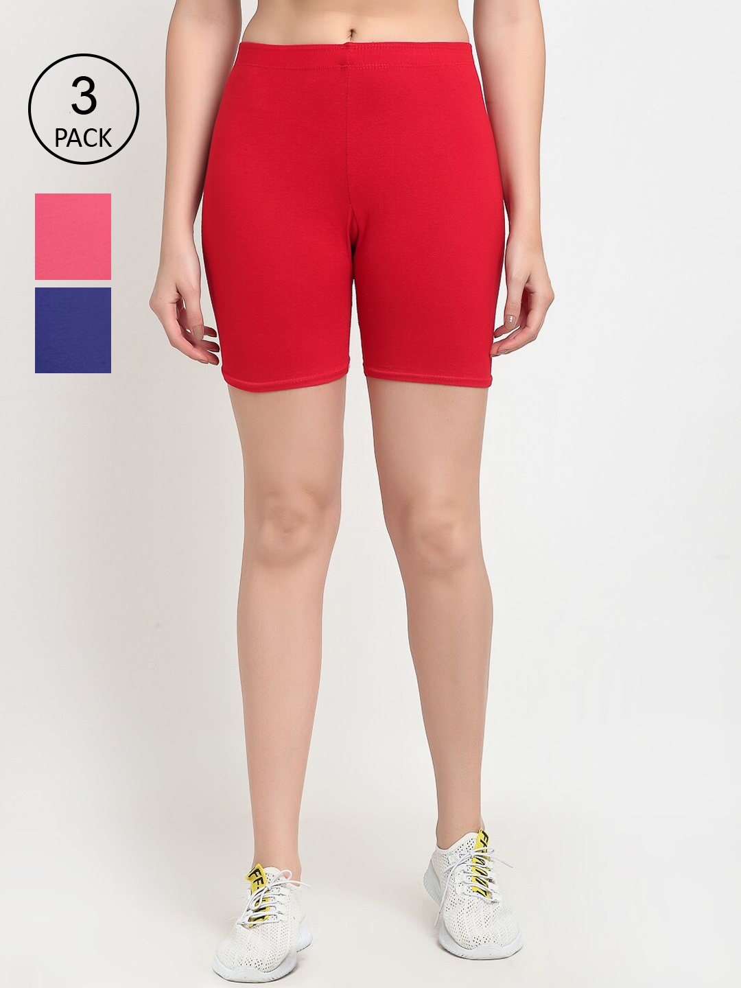 GRACIT Women Pack Of 3 Solid Cotton Slim Fit Cycling Sports Shorts, Red