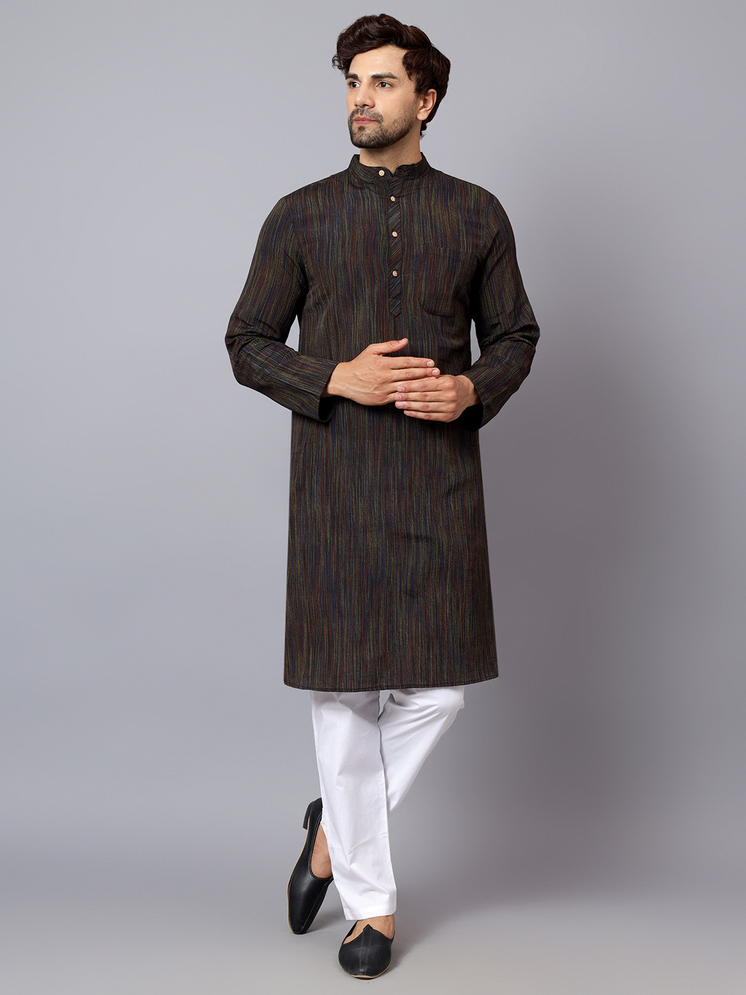 

Latest Chikan Garments Men Black & Grey Geometric Printed Straight Kurta