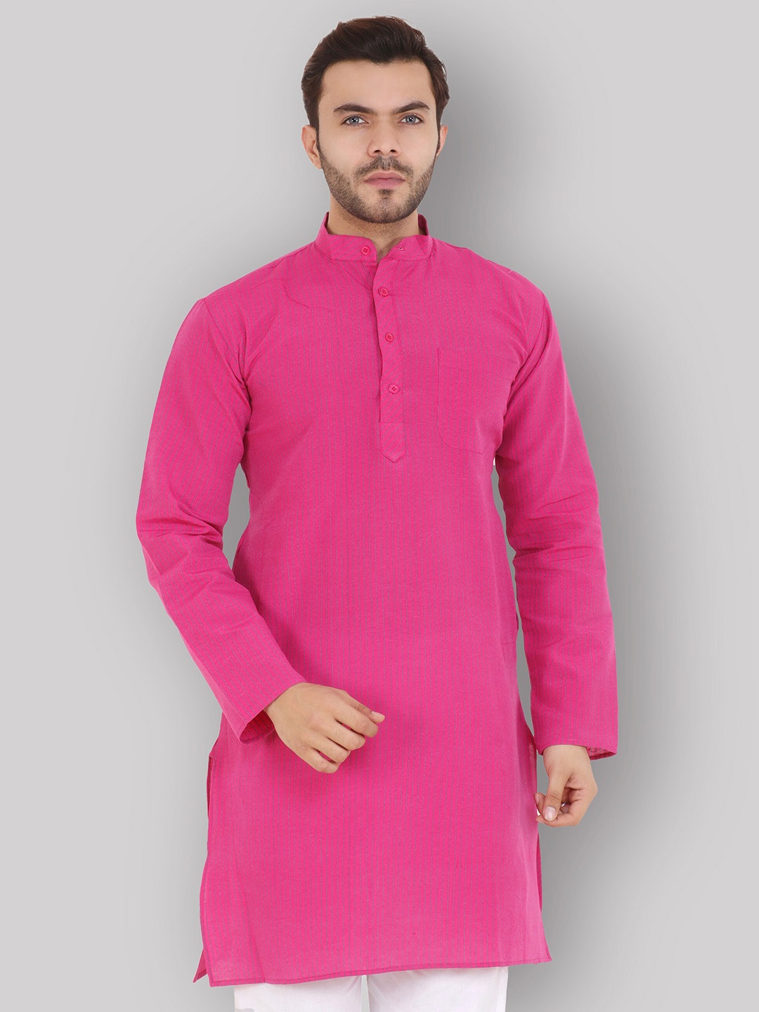 

Latest Chikan Garments Men Pink Striped Straight Kurta