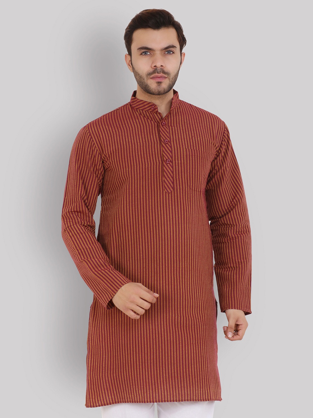 

Latest Chikan Garments Men Maroon Striped Straight Kurta