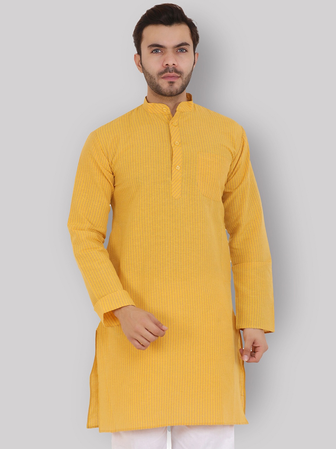 

Latest Chikan Garments Men Yellow Striped Straight Kurta