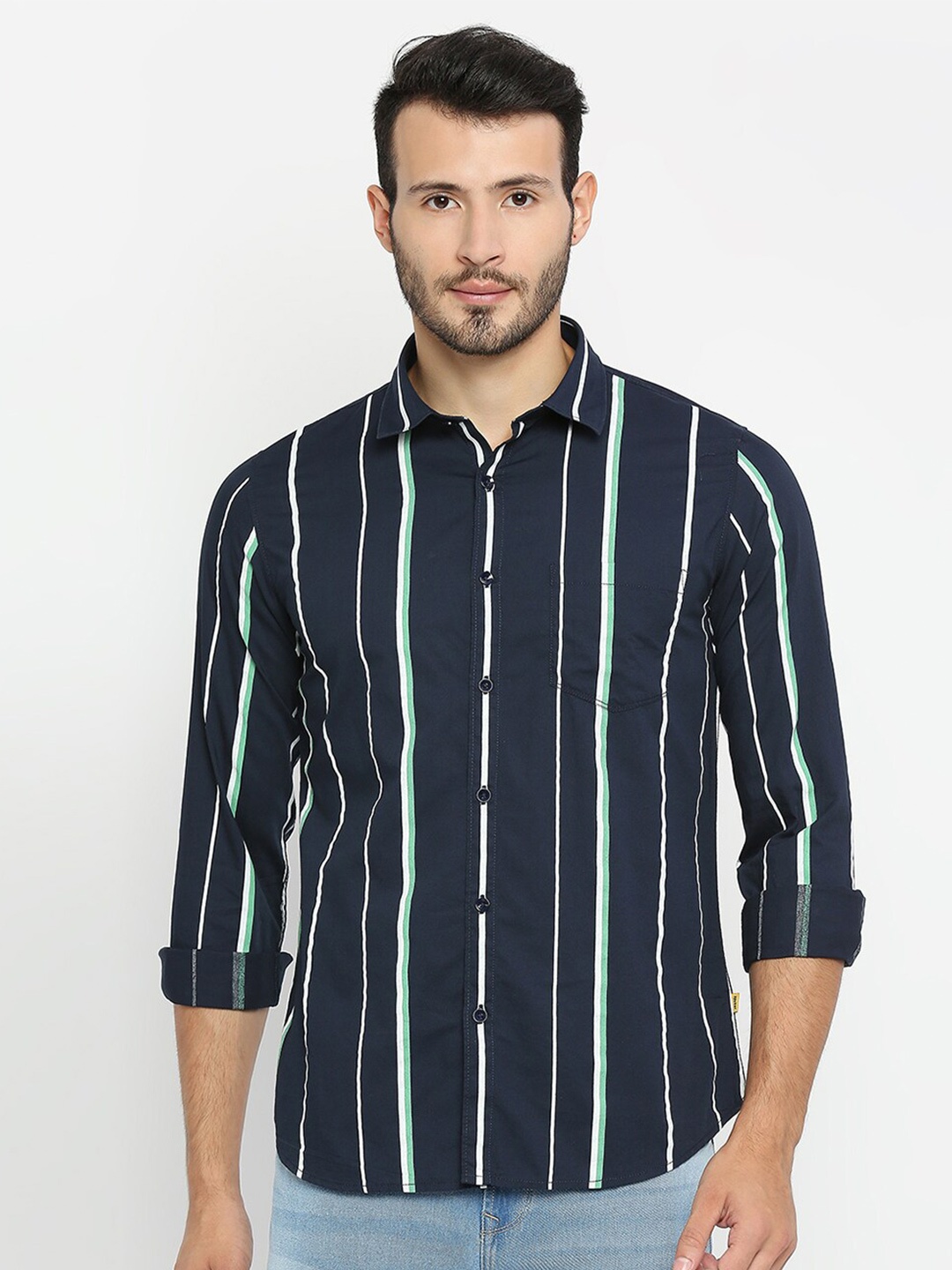 

SPYKAR Men Navy Blue & Green Classic Striped Slim Fit Cotton Casual Shirt