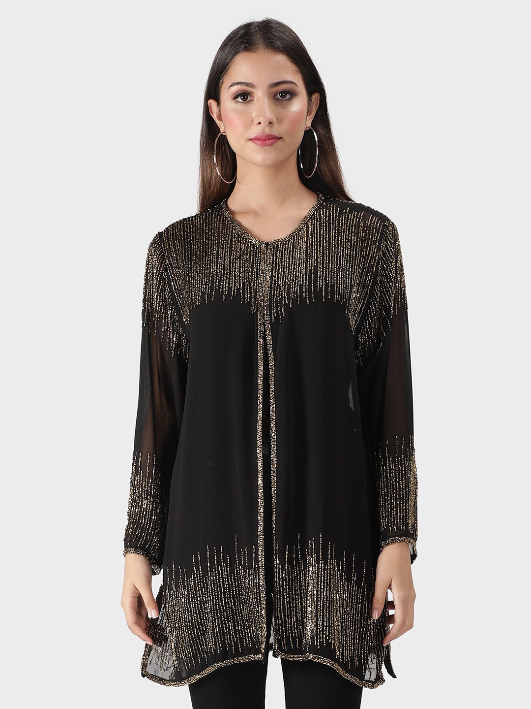 

DEBONATELLA Women Black & Gold-Toned Embellished Tie-Up Shrug