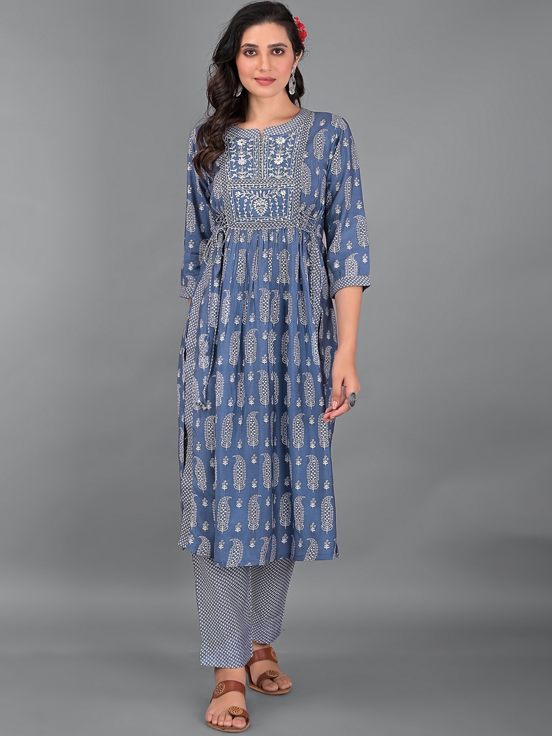 

EtnicaWear Women Blue Thread Work Pure Cotton Kurta with Trousers & With Dupatta