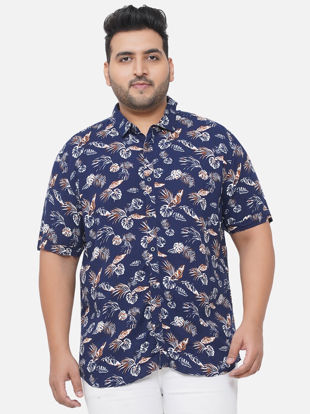 

Santonio Men Plus Size Navy Blue Comfort Floral Printed Casual Shirt