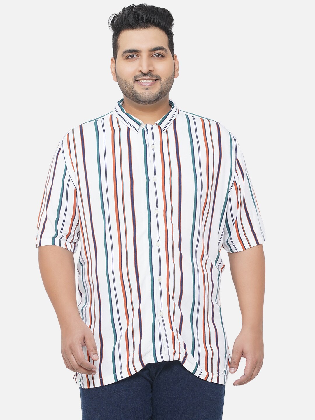 

Santonio Men White & Orange Comfort Striped Casual Pure Cotton Shirt