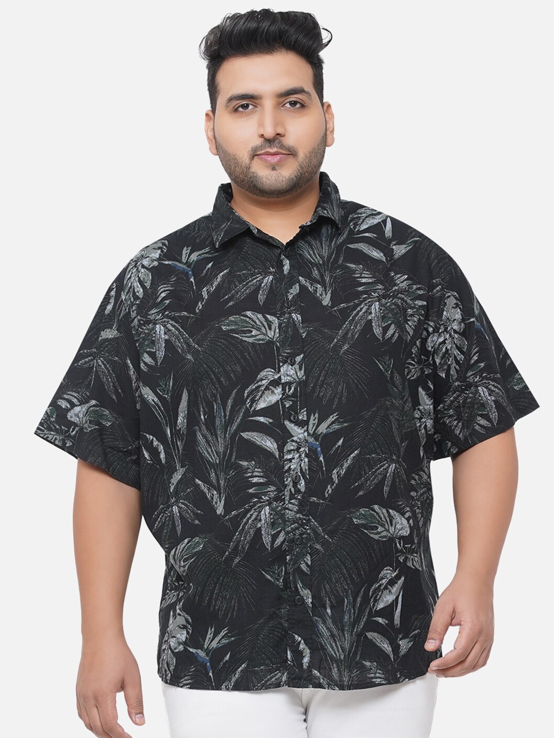 

Santonio Men Plus Size Black Tropical Printed Pure Cotton Casual Shirt