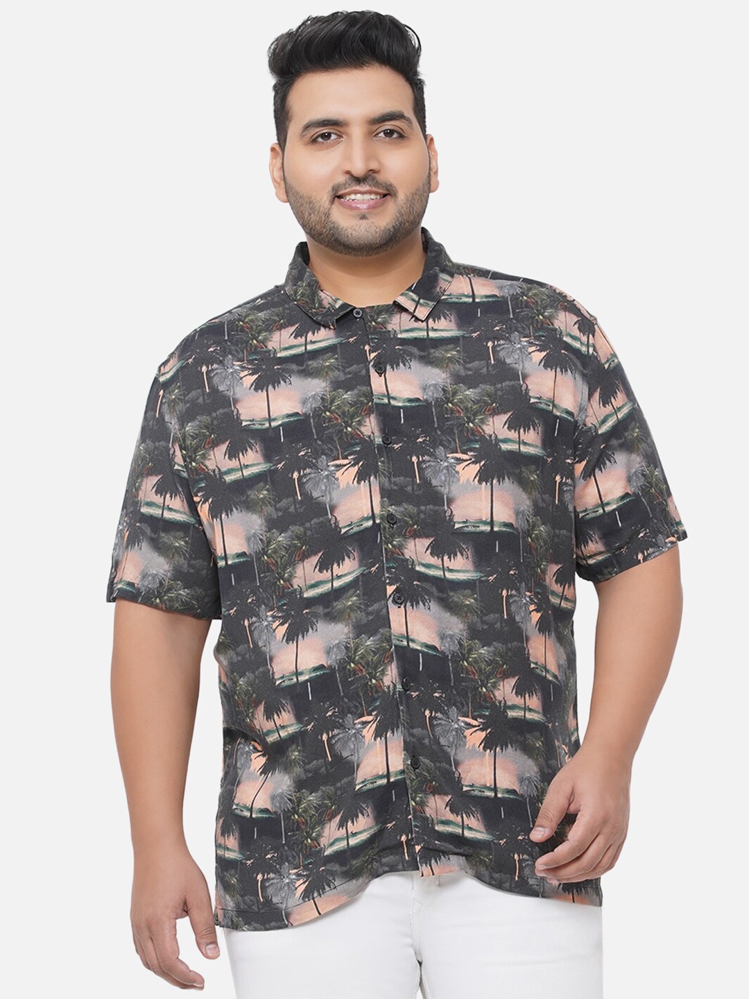 

Santonio Men Plus Size lack Comfort Floral Printed Casual Cotton Shirt, Black