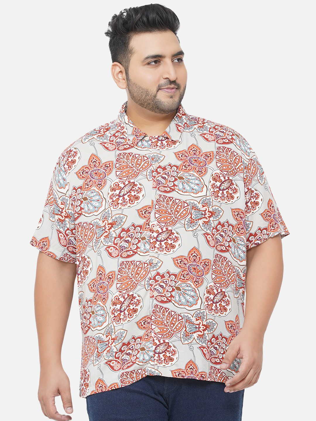 

Santonio Men Orange Plus Size Comfort Floral Printed Cotton Casual Shirt