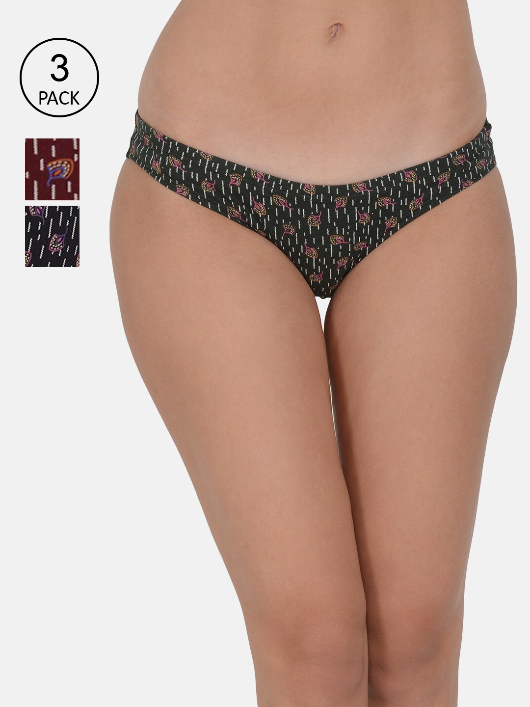 Leading Lady Women Pack Of 3 Printed Bikini Briefs, Black