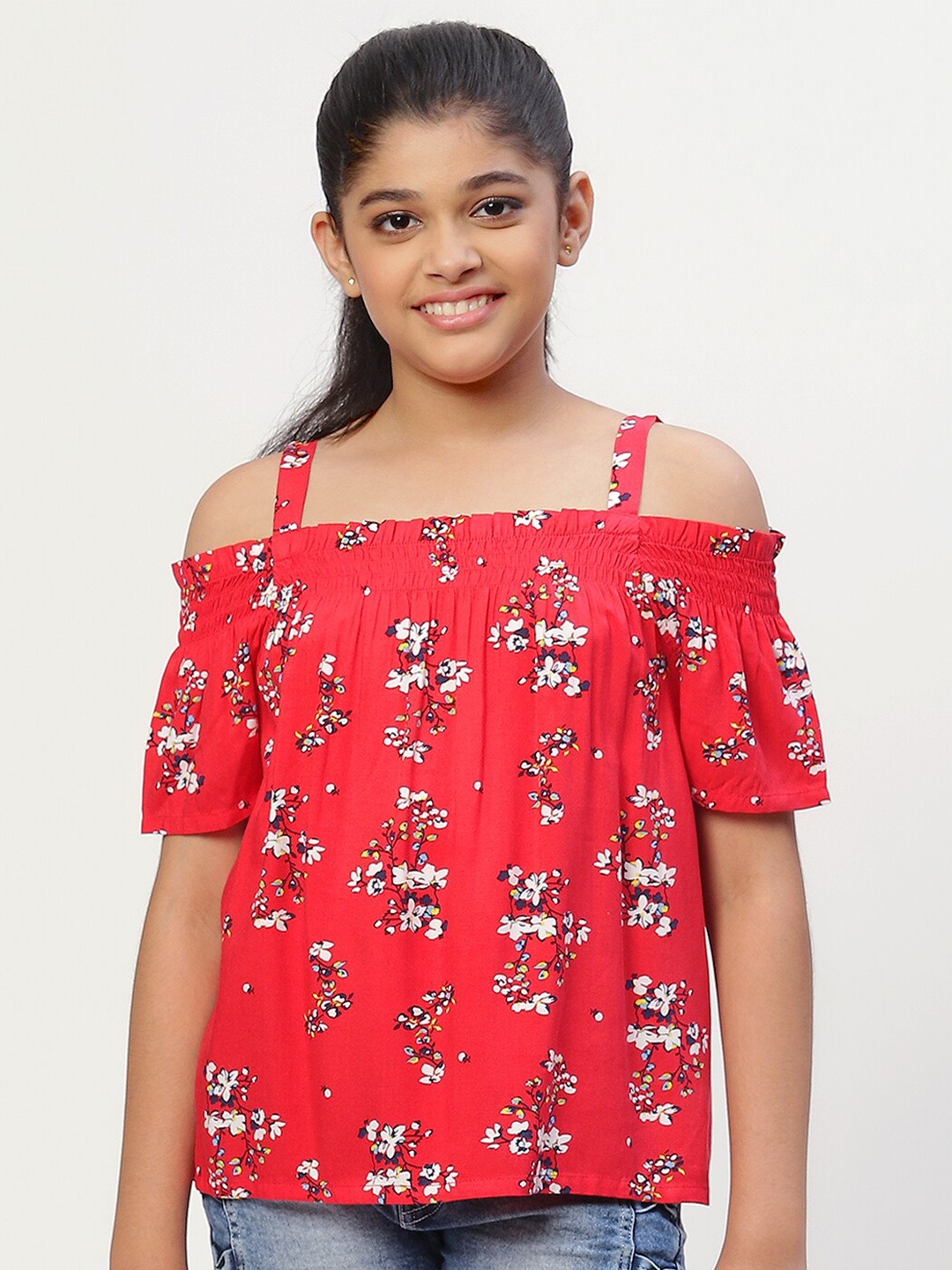 

CACA CINA Girls Red & White Floral Printed Bardot Top